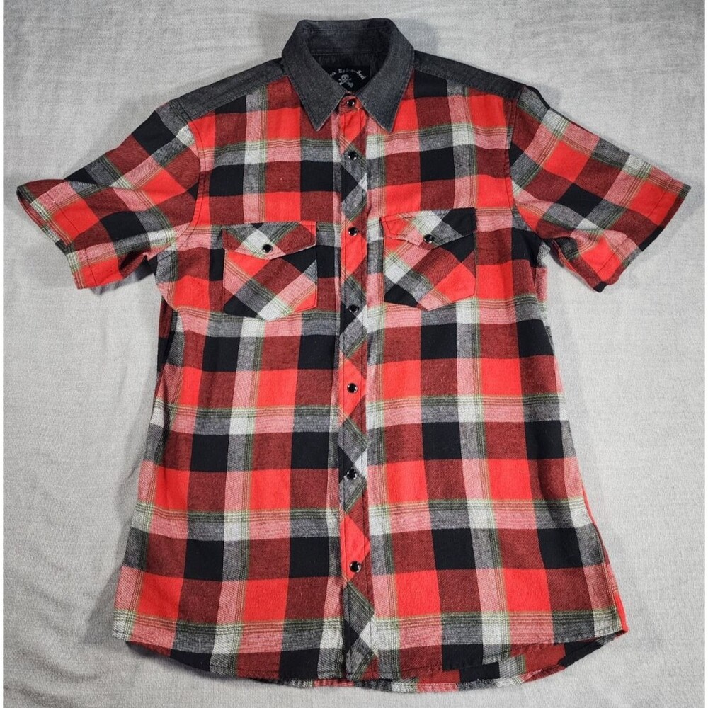 Rock Roll N Soul Men's M Pearl Snap Western Shirt Red Black Gray Plaid